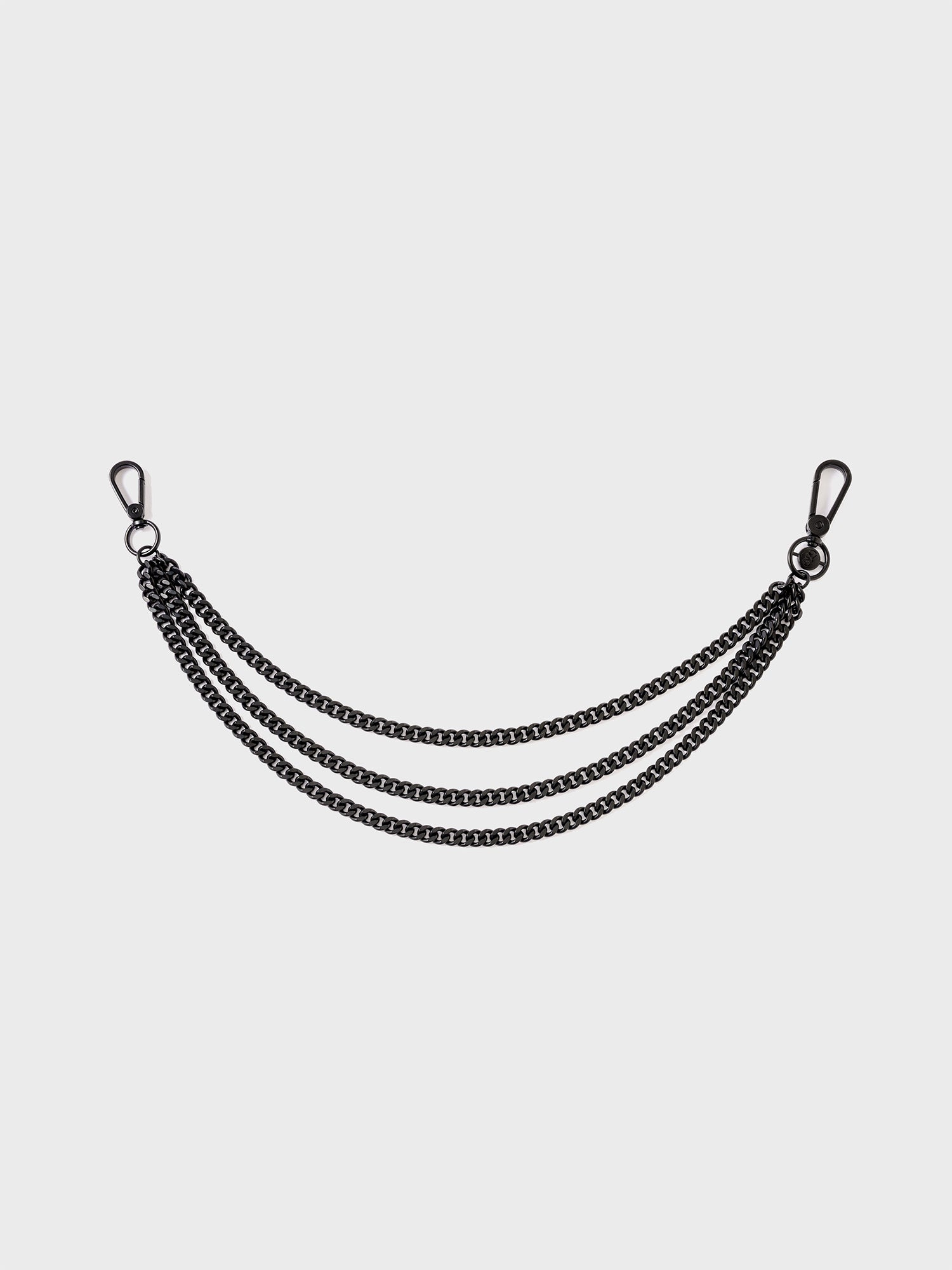 A black stainless steel wallet chain with a matte finish, featuring multiple chains attached to a small ring on each end.