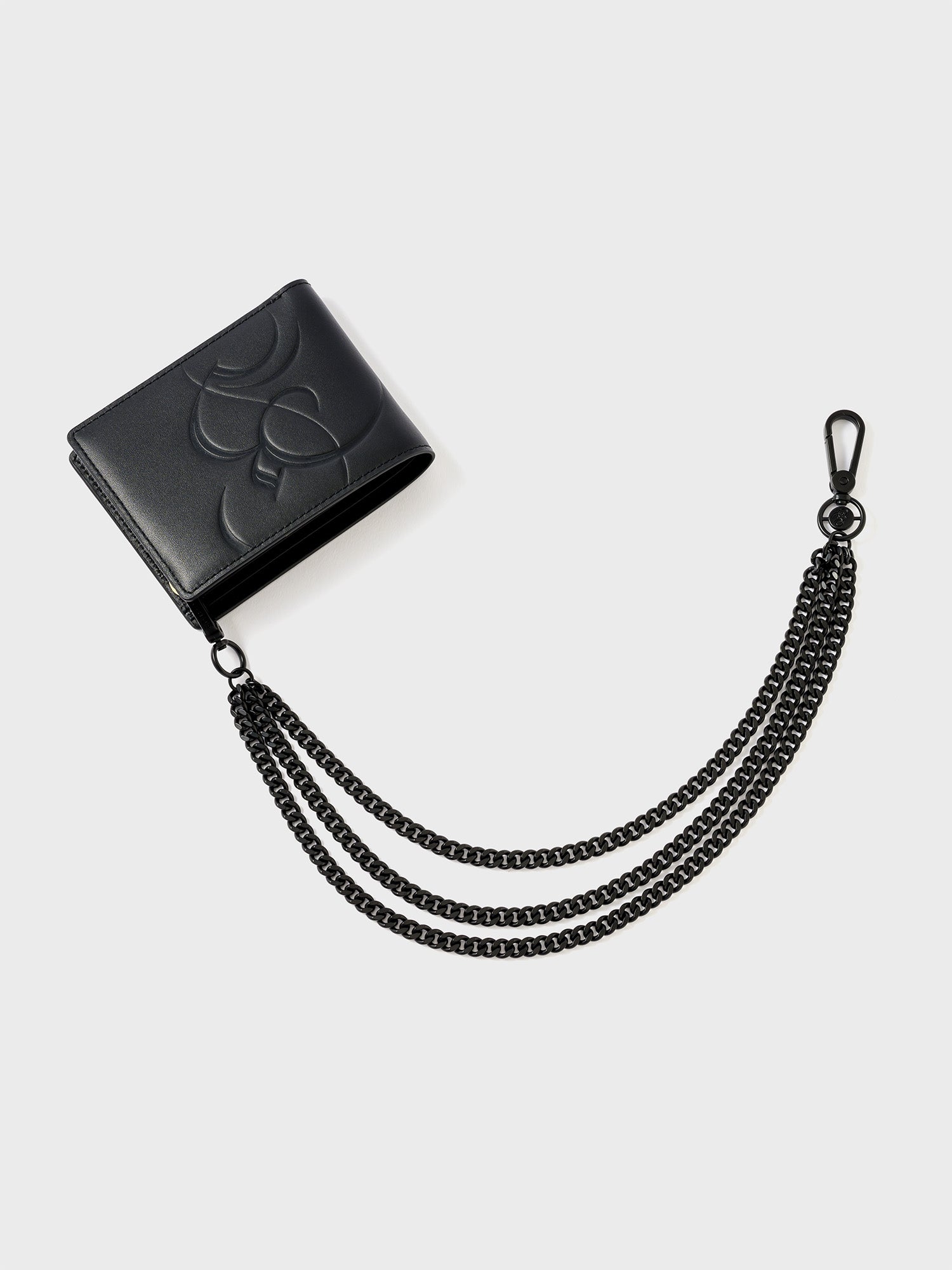 Black wallet with an embossed Bishop & Bishop monogram and a black chain.