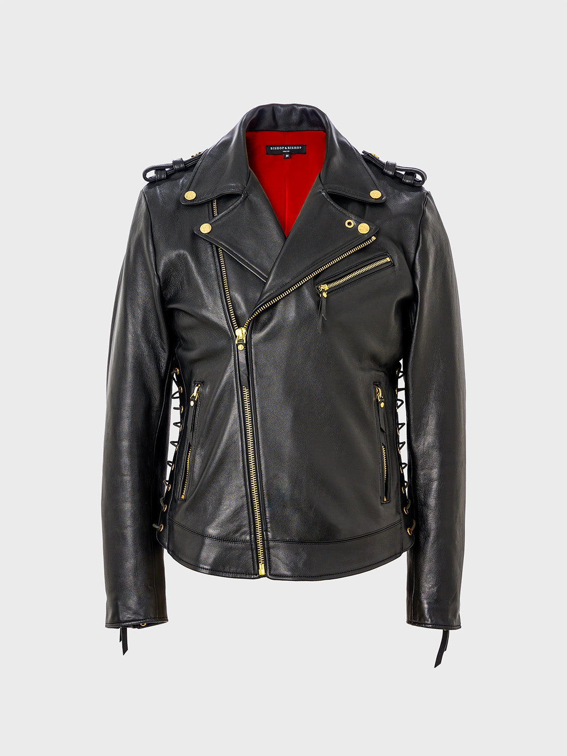 A black leather motorcycle jacket with gold-tone zinc alloy hardware, featuring a mandarin collar, two zipper pockets on the chest, and multiple internal compartments.
