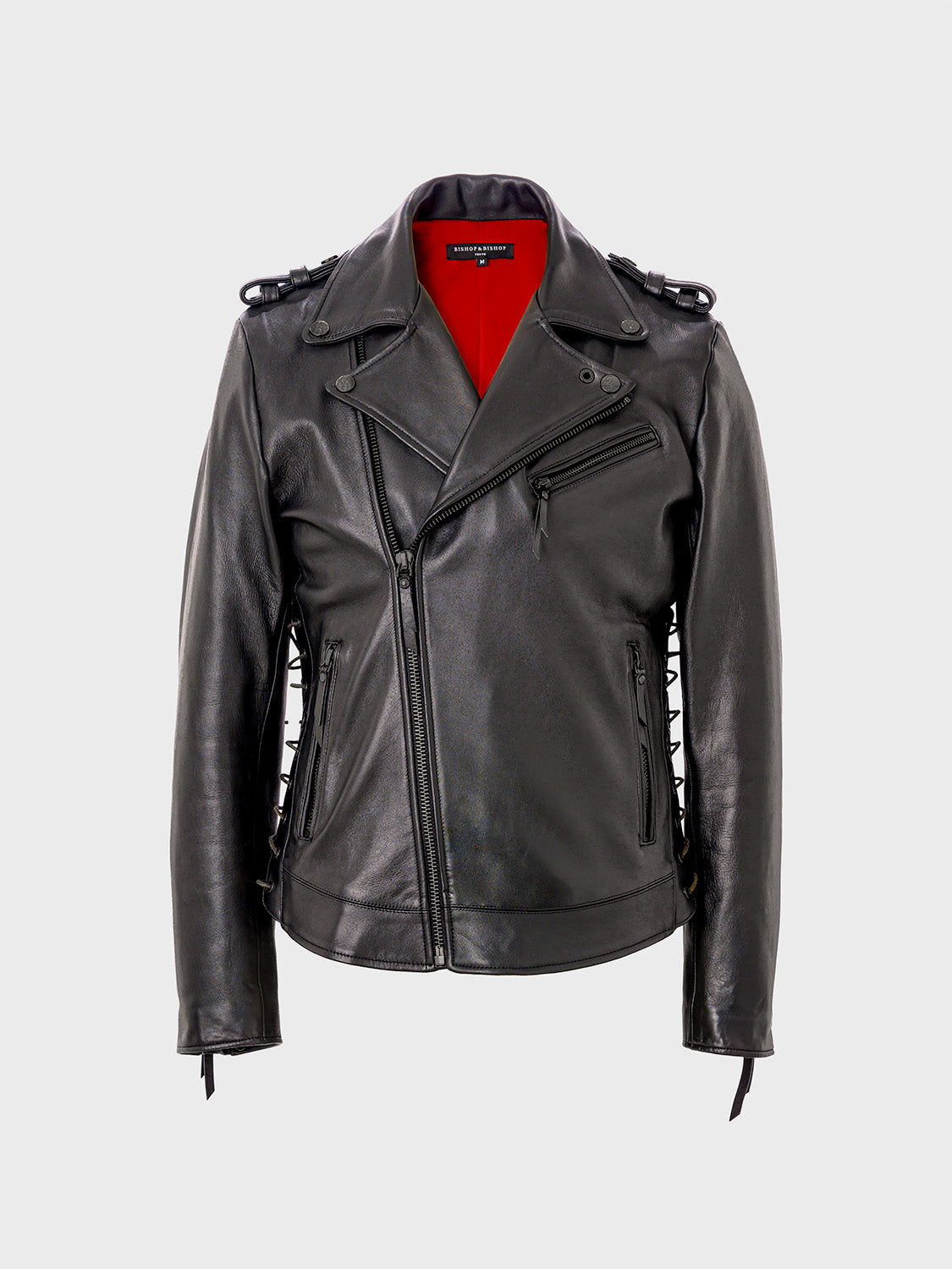 A black leather motorcycle jacket with a mandarin collar, zipper front, and external pockets, showing red interior lining.