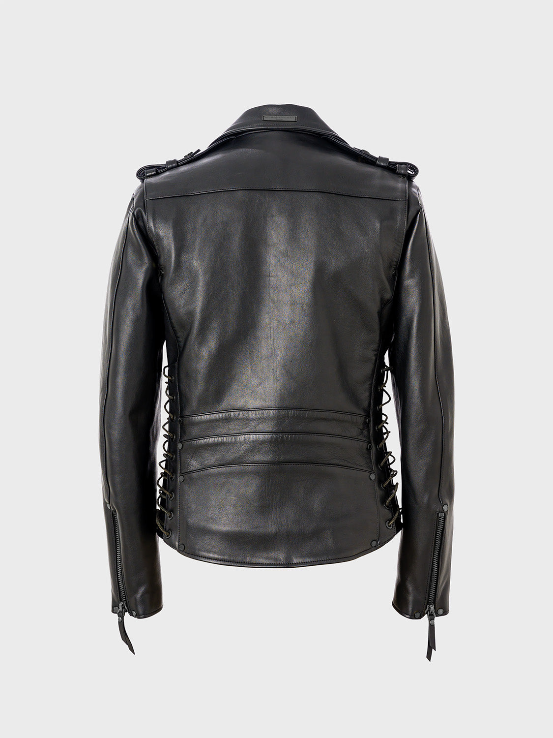 Rear view of a black leather jacket with a plain back.