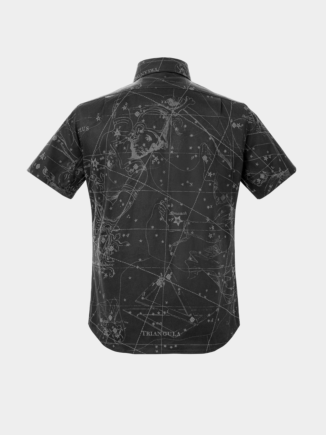 Rear view of the short-sleeved dress shirt with a black background, featuring the continuation of the white constellation print across the back.