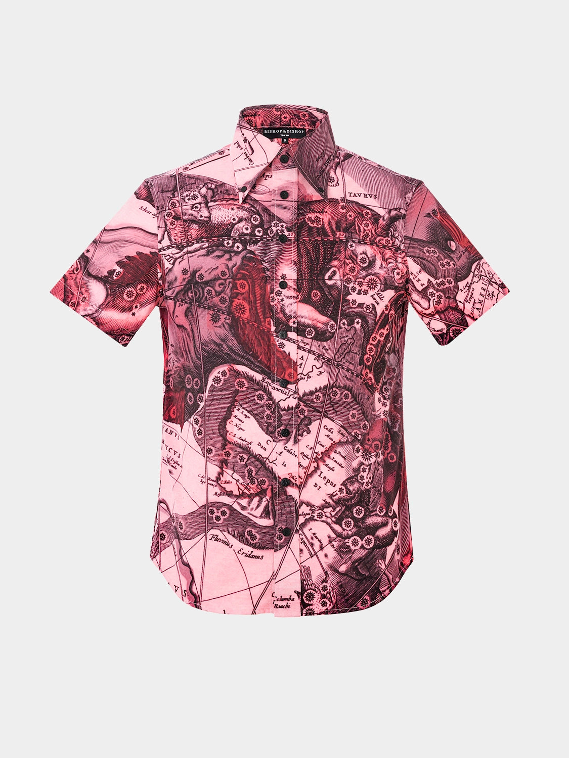 A short-sleeve silk shirt in a pink color, featuring an intricate pattern across the front.