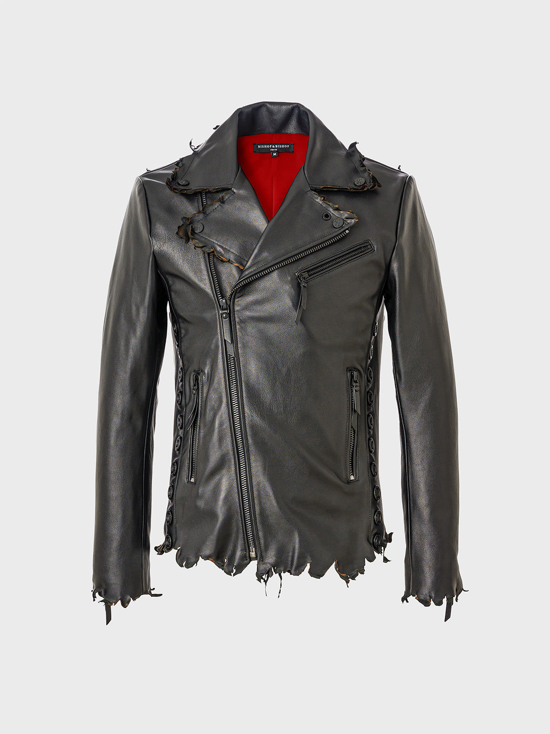 A black leather motor jacket with a mandarin collar, zipper front, and frayed edges, lined with red fabric.