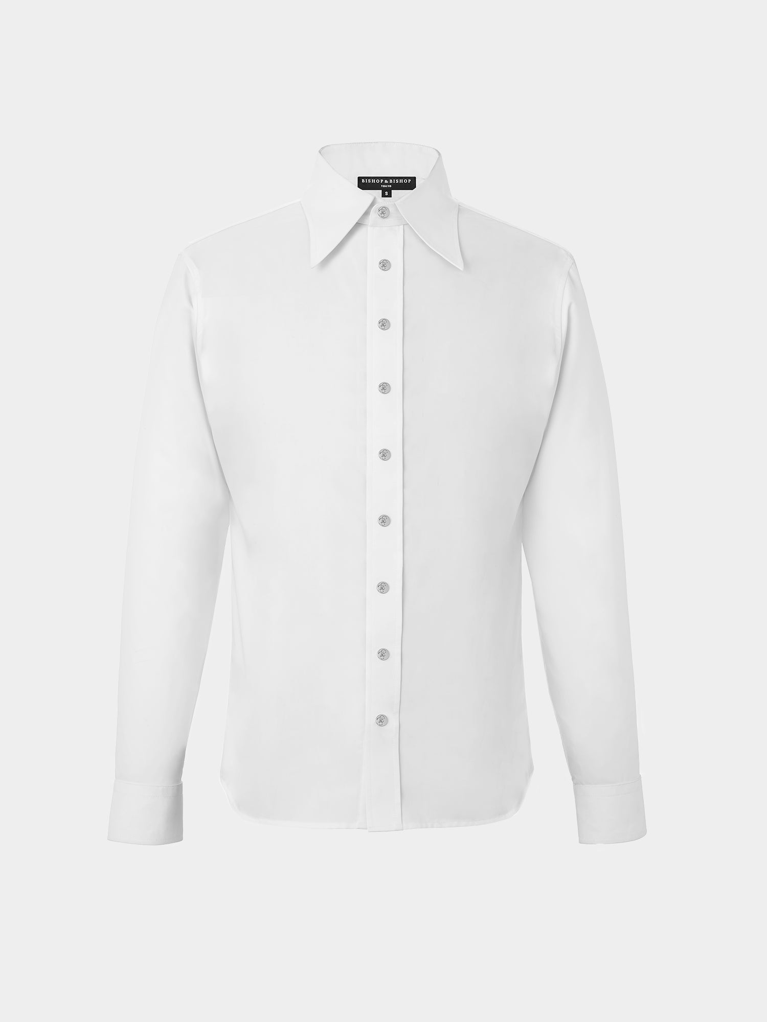 A white long sleeve dress shirt with a collar, button-up front, and visible button placket.
