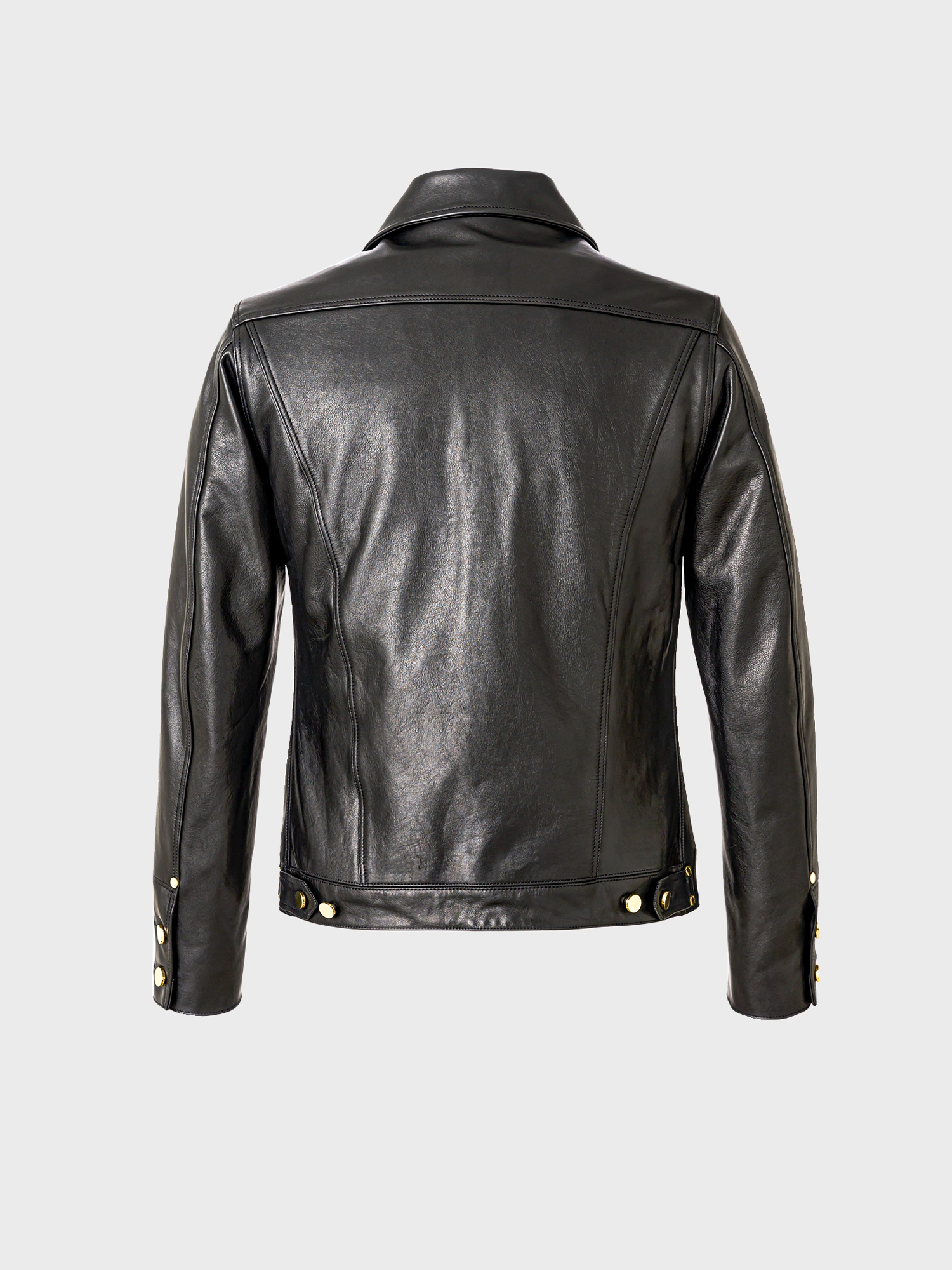 Rear view of the black trucker jacket with a plain black back.