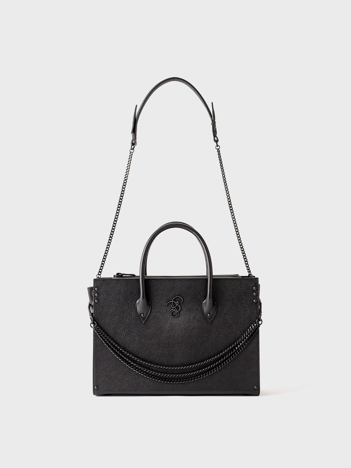 Black bag with a black shoulder chain strap.