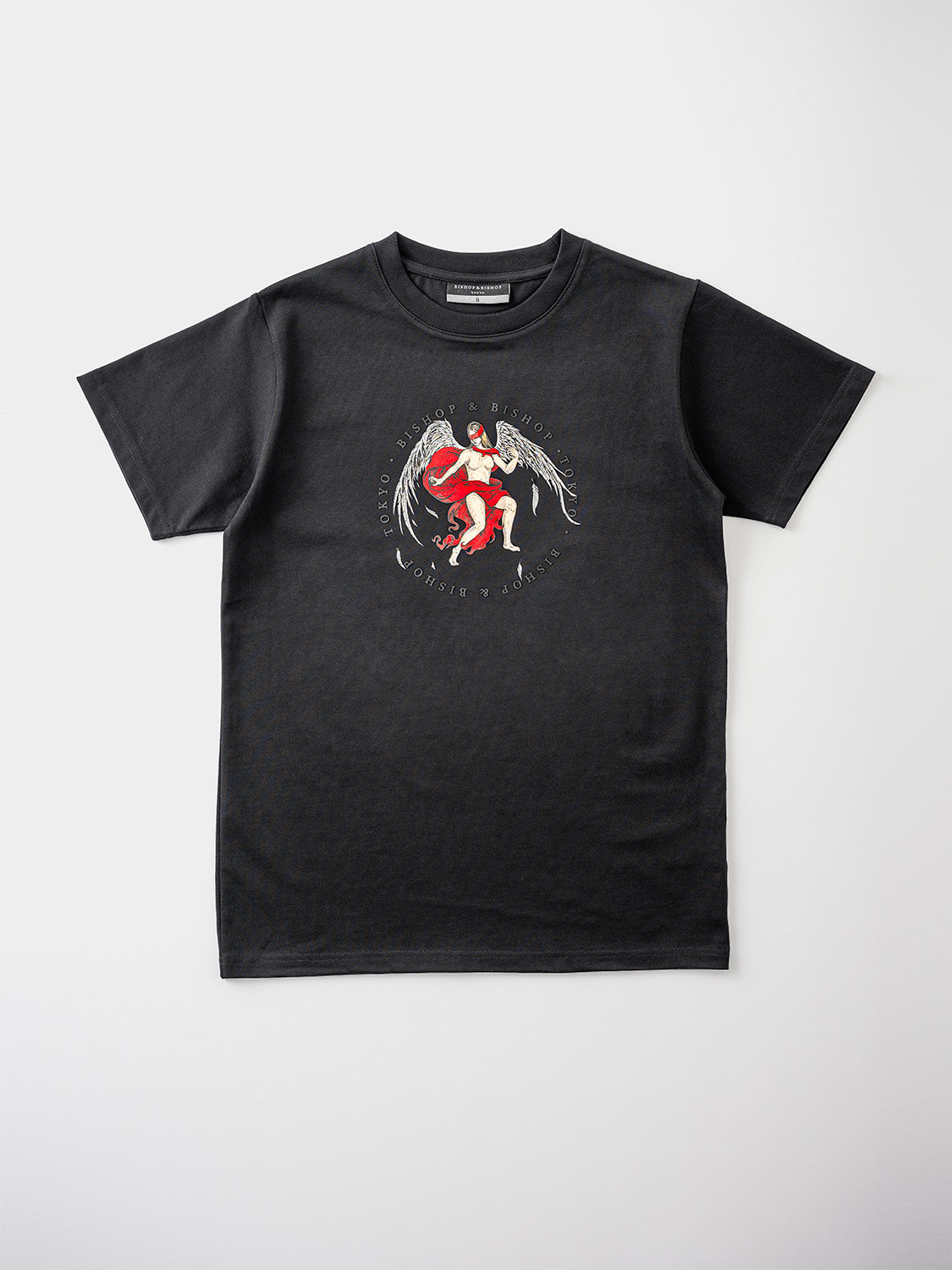 Black T-shirt featuring an angel with wings and a red blindfold graphic.