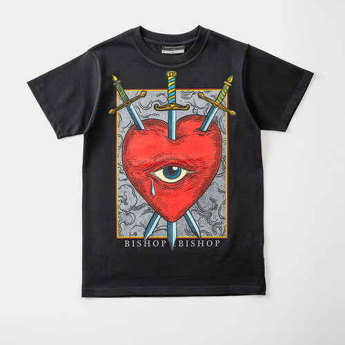 Black t-shirt with a graphic design of a red heart with an eye and crossed swords, branded 'Bishop Bishop', on a white background.