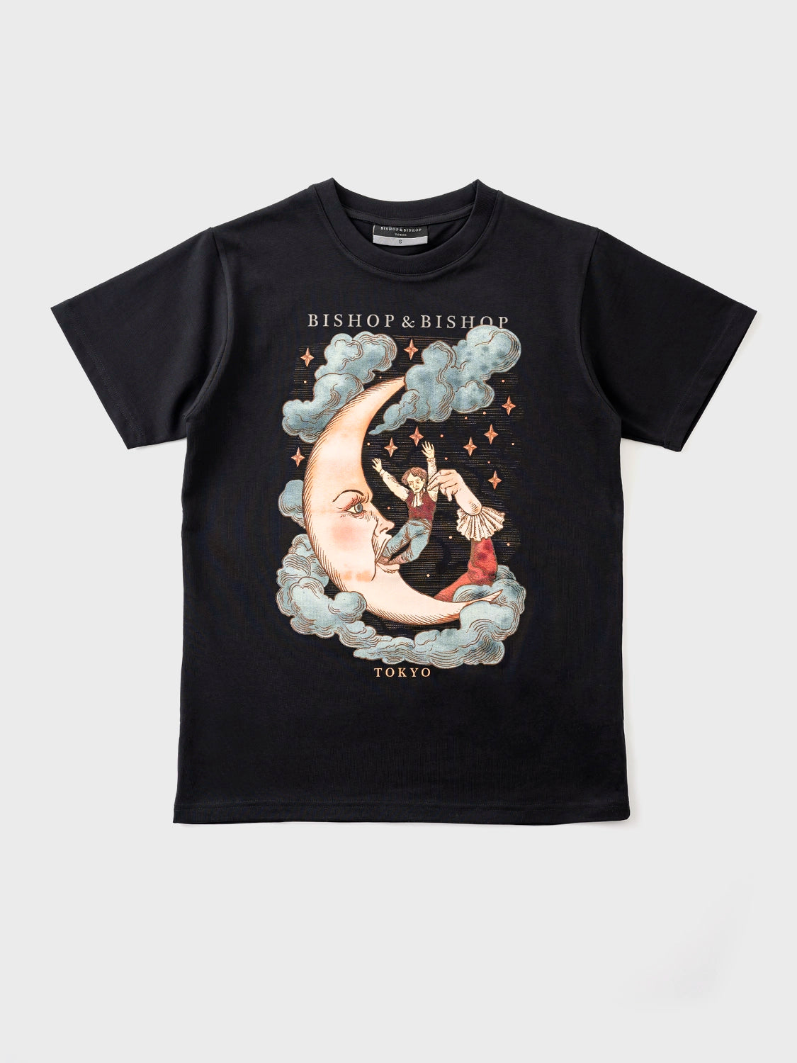 Black T-shirt with a graphic print of a moon and a figure in a-angry pose with the text 'BISHOP & BISHOP' on the upper part of the design.