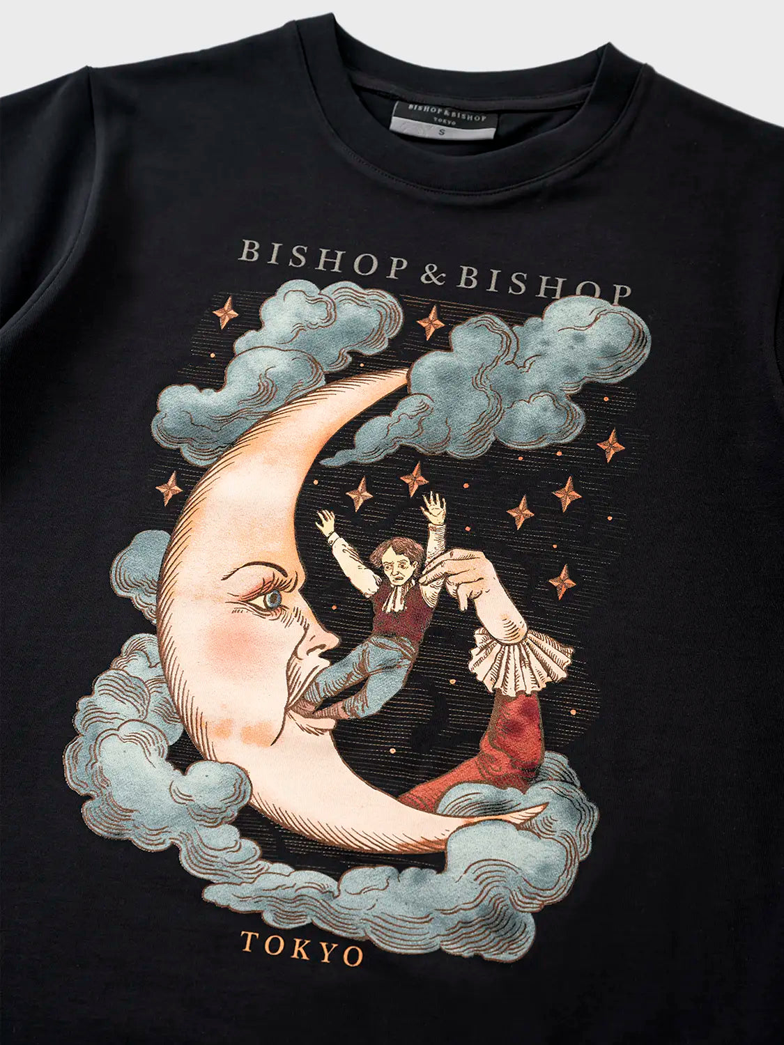 Black T-shirt with a graphic print of a moon and a figure in a-angry pose with the text 'BISHOP & BISHOP' on the upper part of the design.