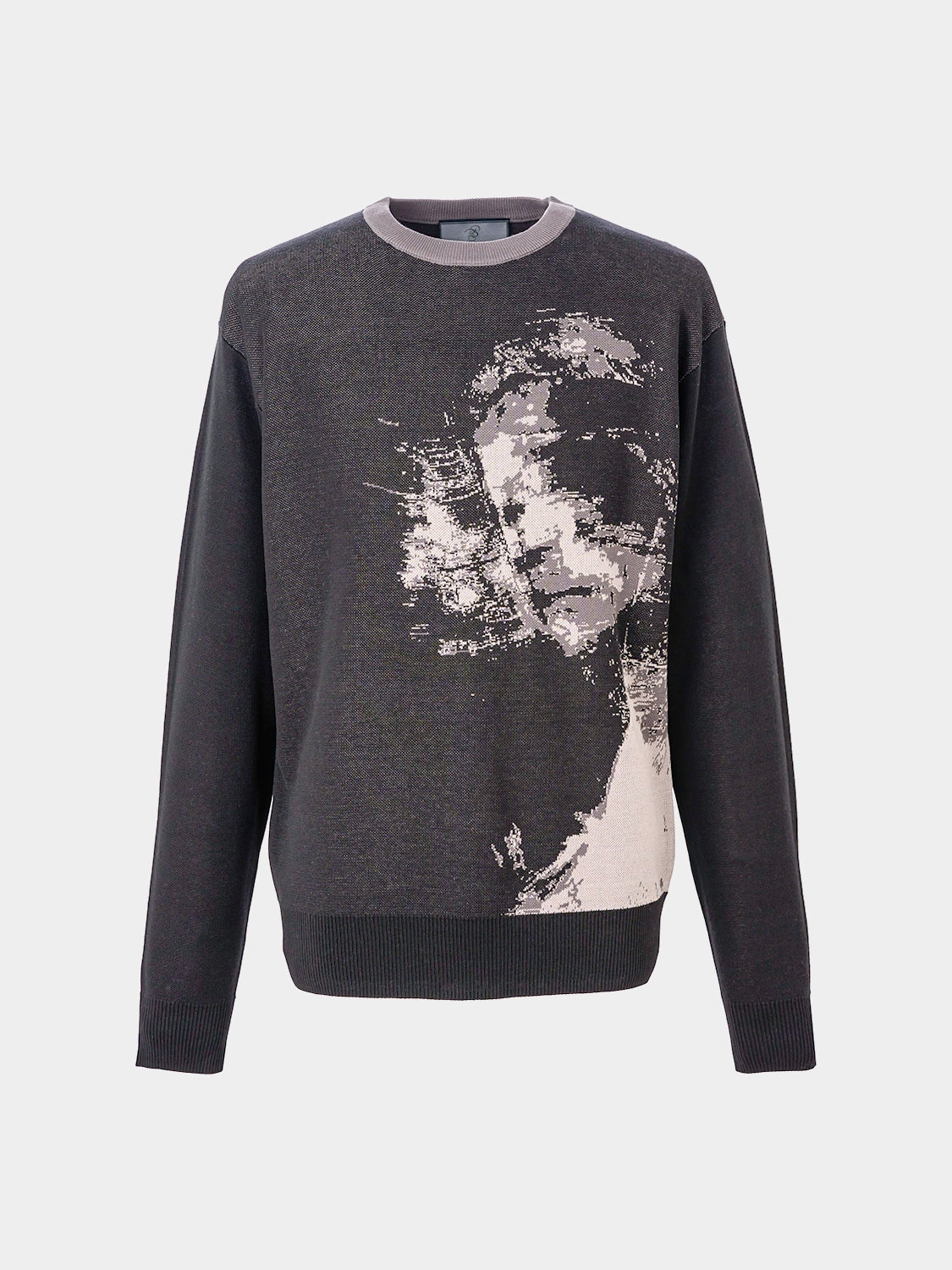 Dark gray sweatshirt with a graphic design on a gray background