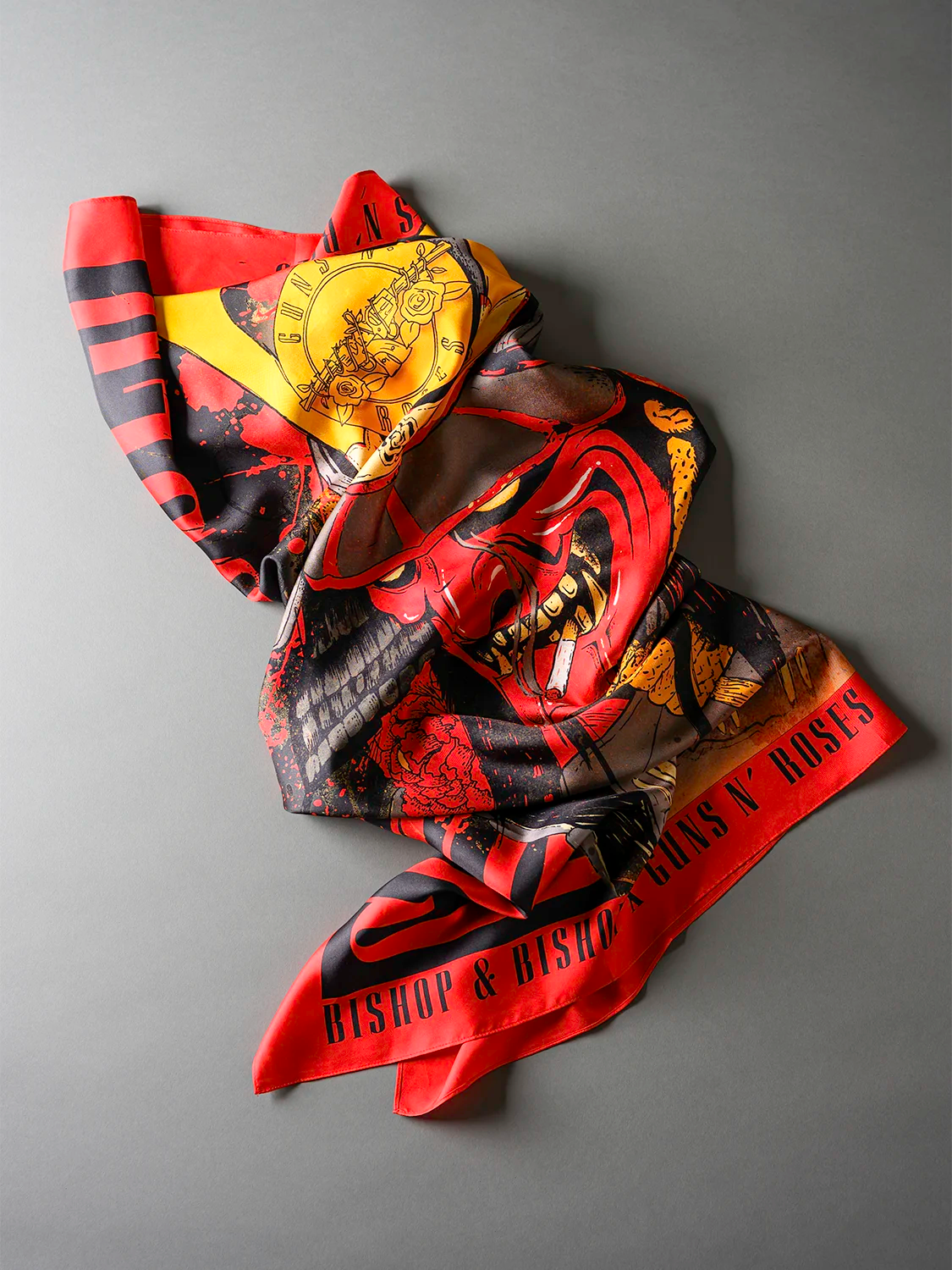 Decorative scarf with a samurai design on a gray background