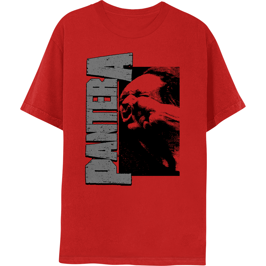 Front view of a red Pantera T-shirt featuring bold lettering and an image of a man being punched.