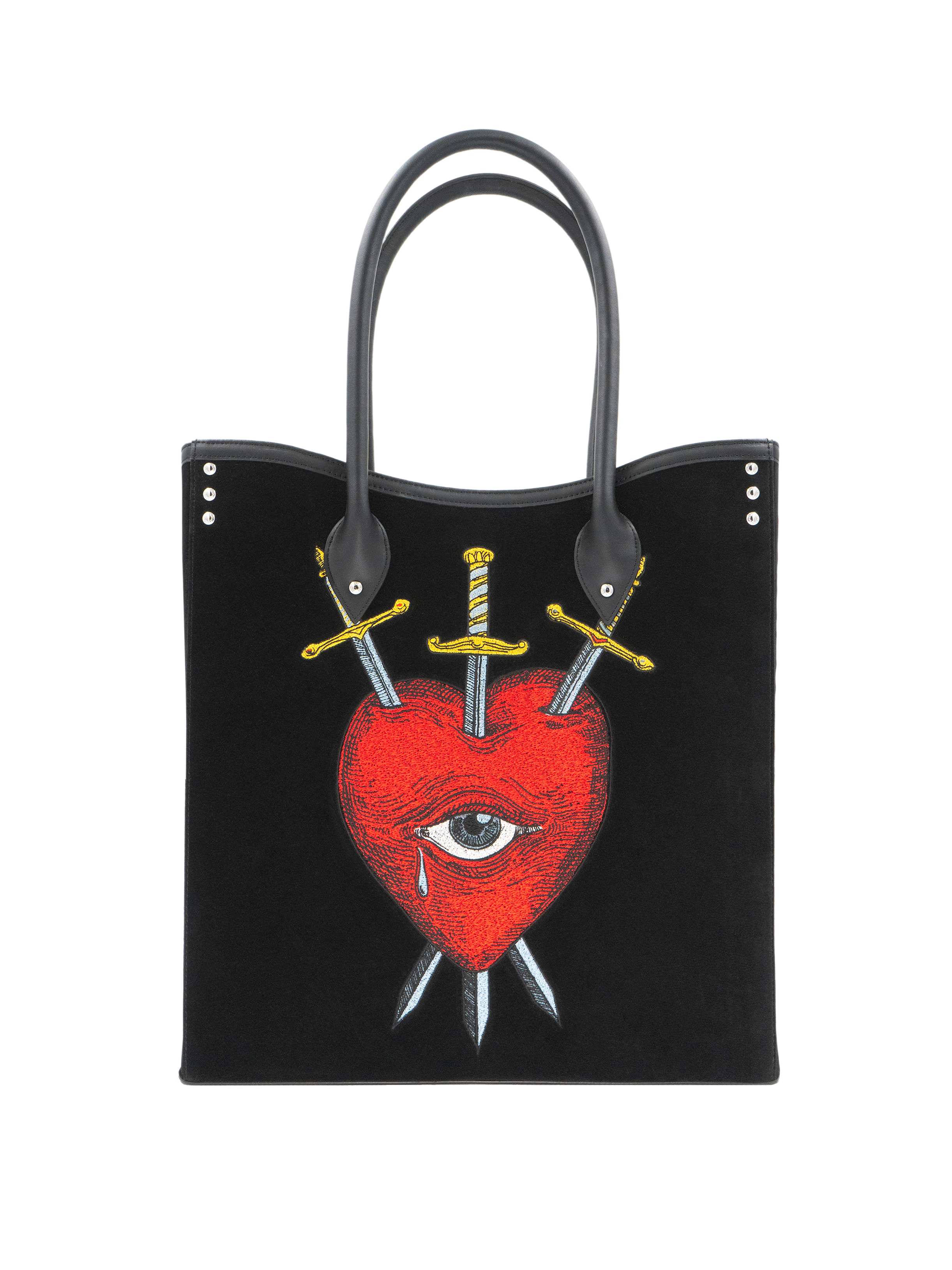 Front view of the black bag featuring the “Vires ex Luctus” design with a red heart pierced by three swords, symbolizing resilience and authenticity.