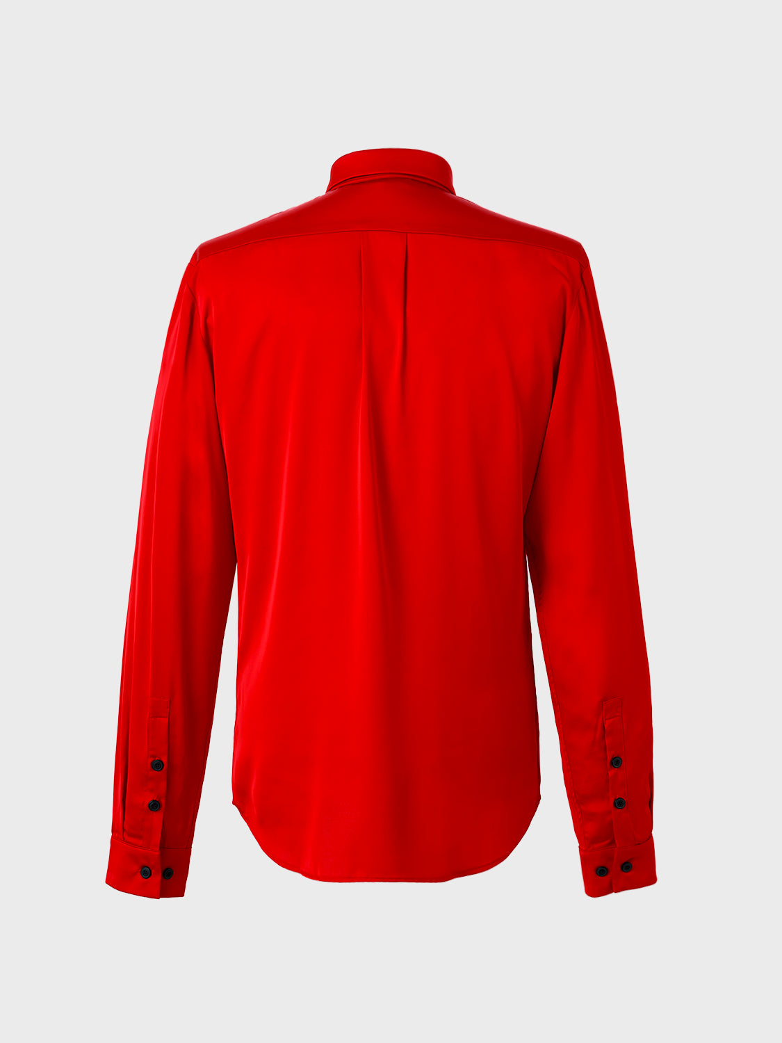 Rear view of the red silk dress shirt laid flat, showing full back panel and shoulder seam.