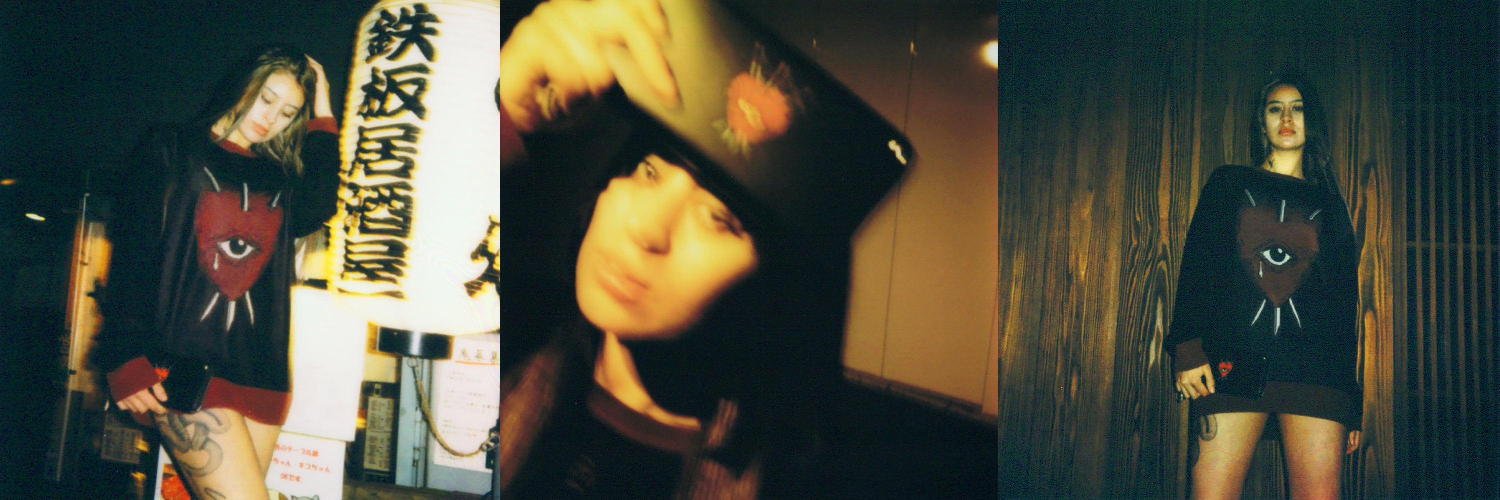 Collage of three images featuring a woman: in the first, wearing a sweater with a red heart, eye, and three swords graphic; in the second, a blurred close-up holding a wallet with the same heart and swords design; and in the third, again wearing the sweater with the heart and swords graphic.