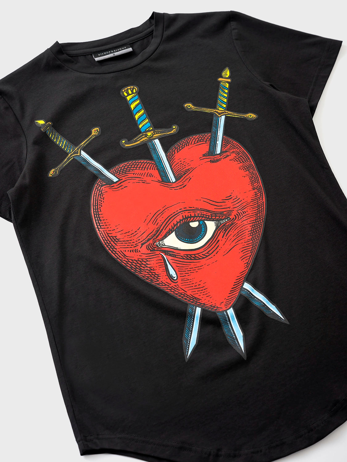 Black T-shirt with red heart, eye and swords