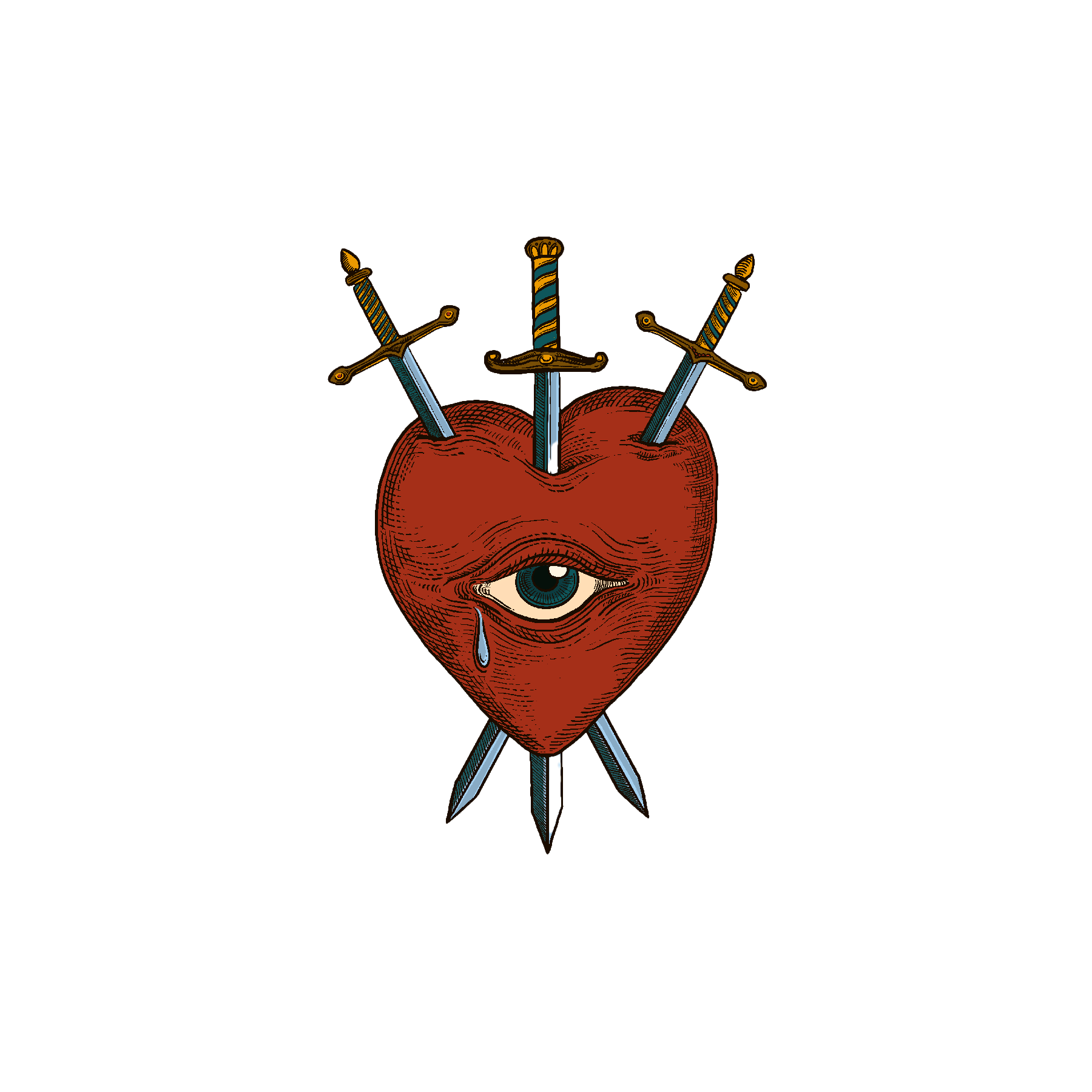 Red heart with an eye pierced by three swords graphic.