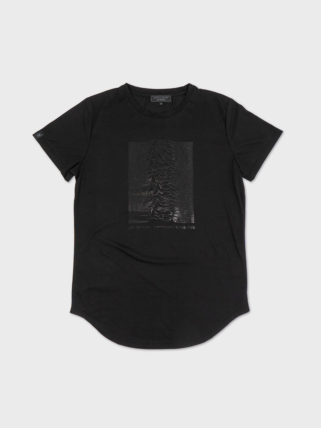 Front view of the Joy Division black foil print T-shirt featuring the iconic Unknown Pleasures graphic.