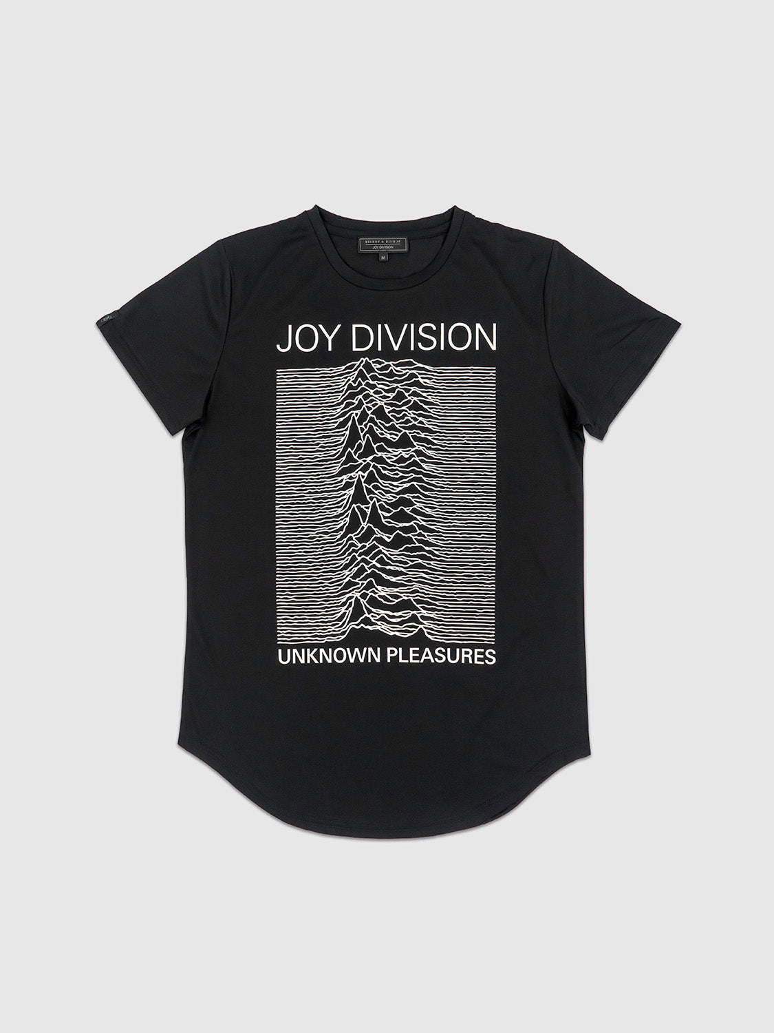 Front view of the black drop-cut T-shirt featuring the original Unknown Pleasures album artwork in white print.