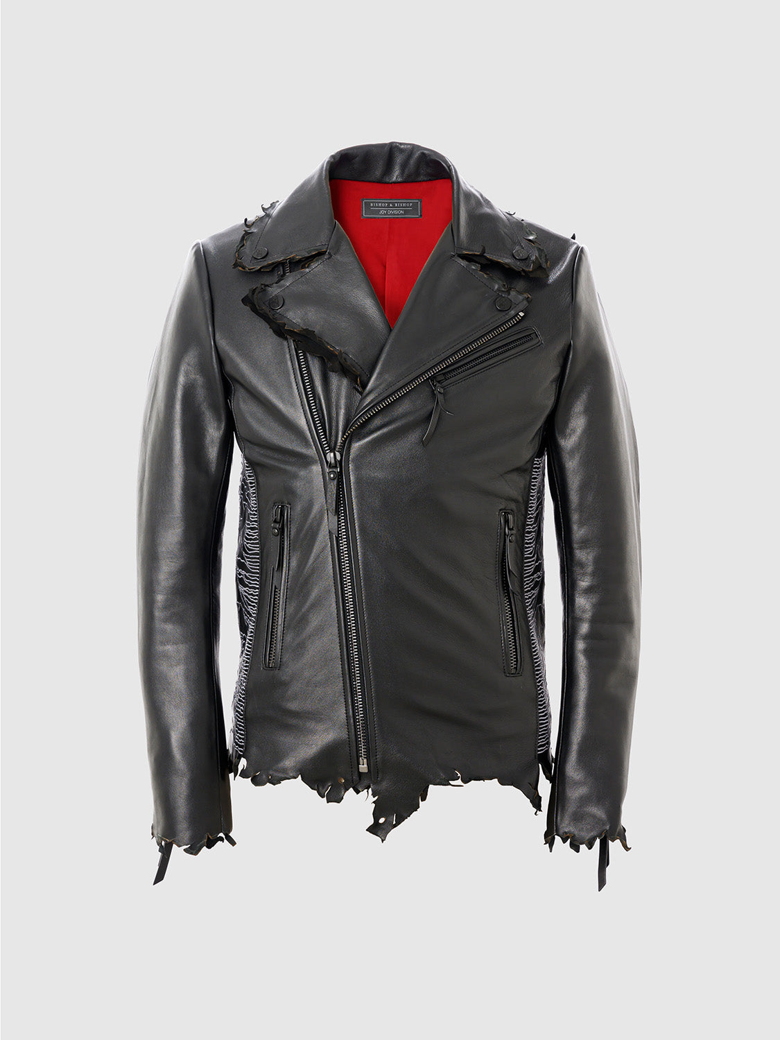 Front view of the black leather motor jacket with red silk lining and asymmetrical zipper design.