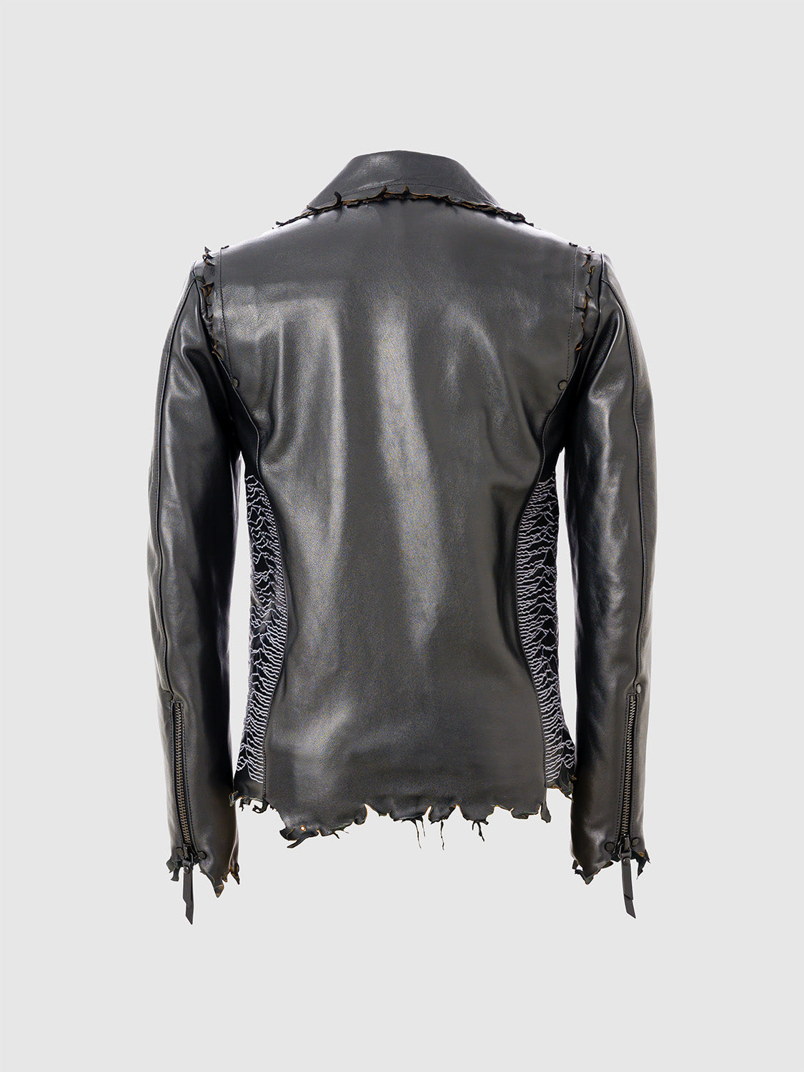 Rear view of the leather jacket highlighting its tailored cut and structured back panel.