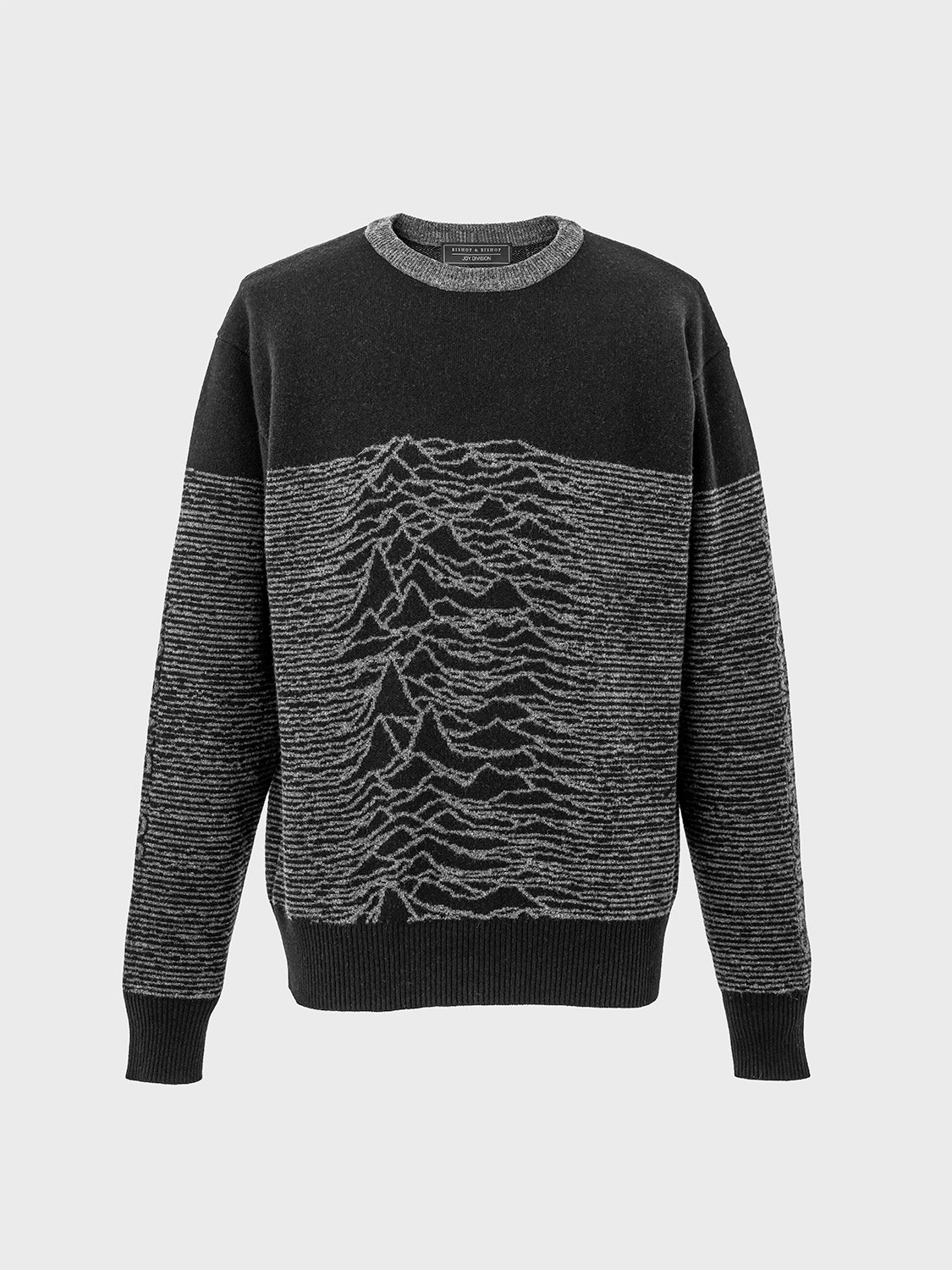 Front view of the black and grey wool sweater with integrated Unknown Pleasures waveform design.
