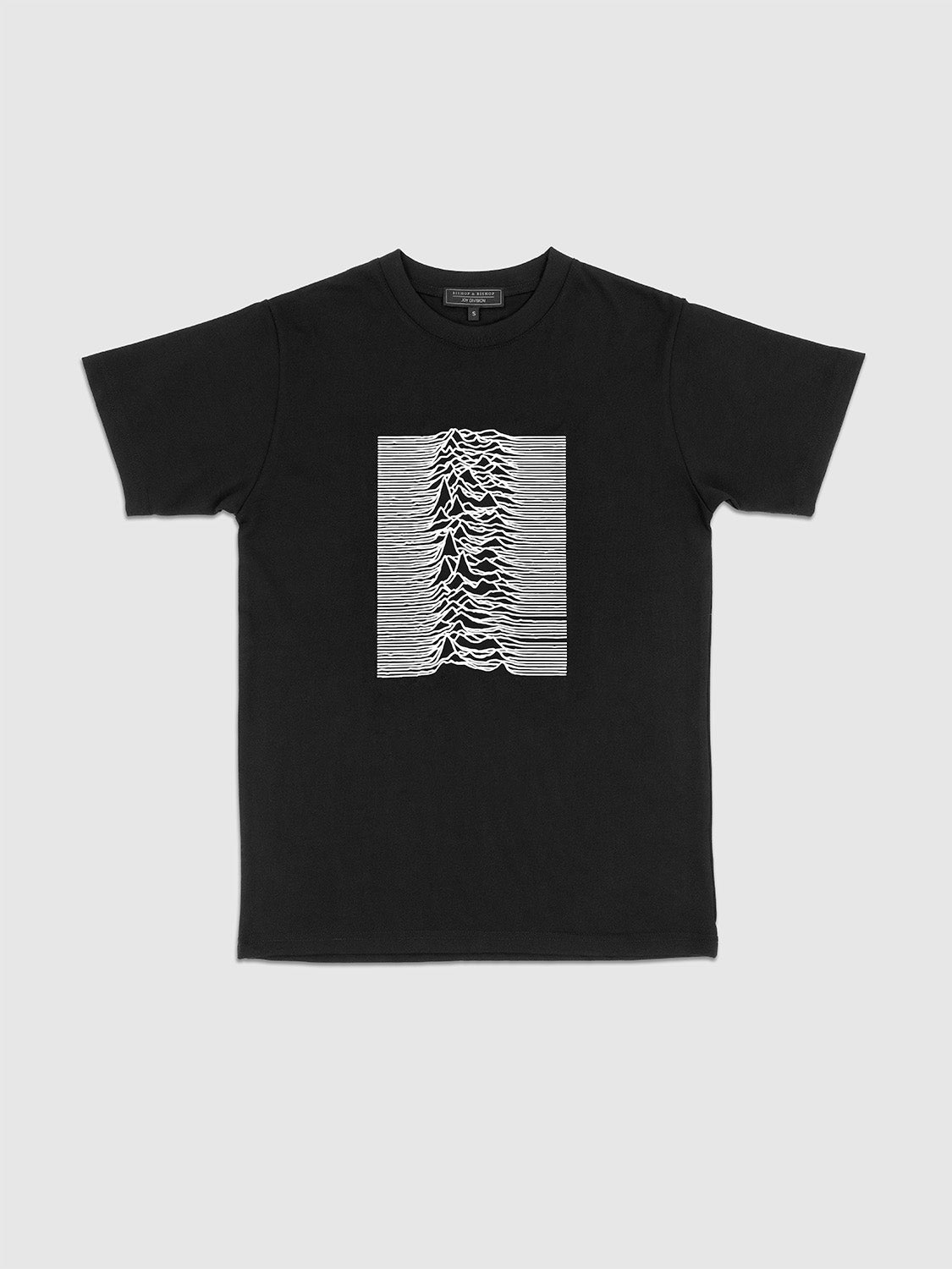 Front view of the black heavyweight T-shirt featuring a white 3D silicone print of the Unknown Pleasures artwork.