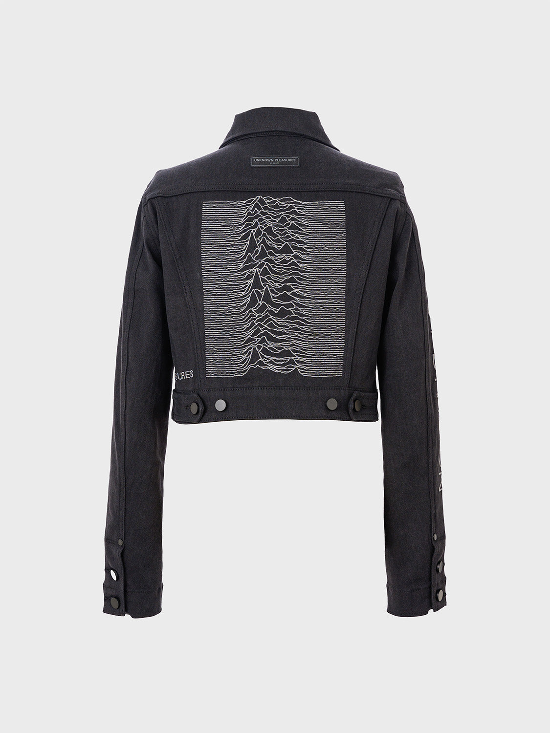 Rear view of the jacket featuring the embroidered Unknown Pleasures waveform design.