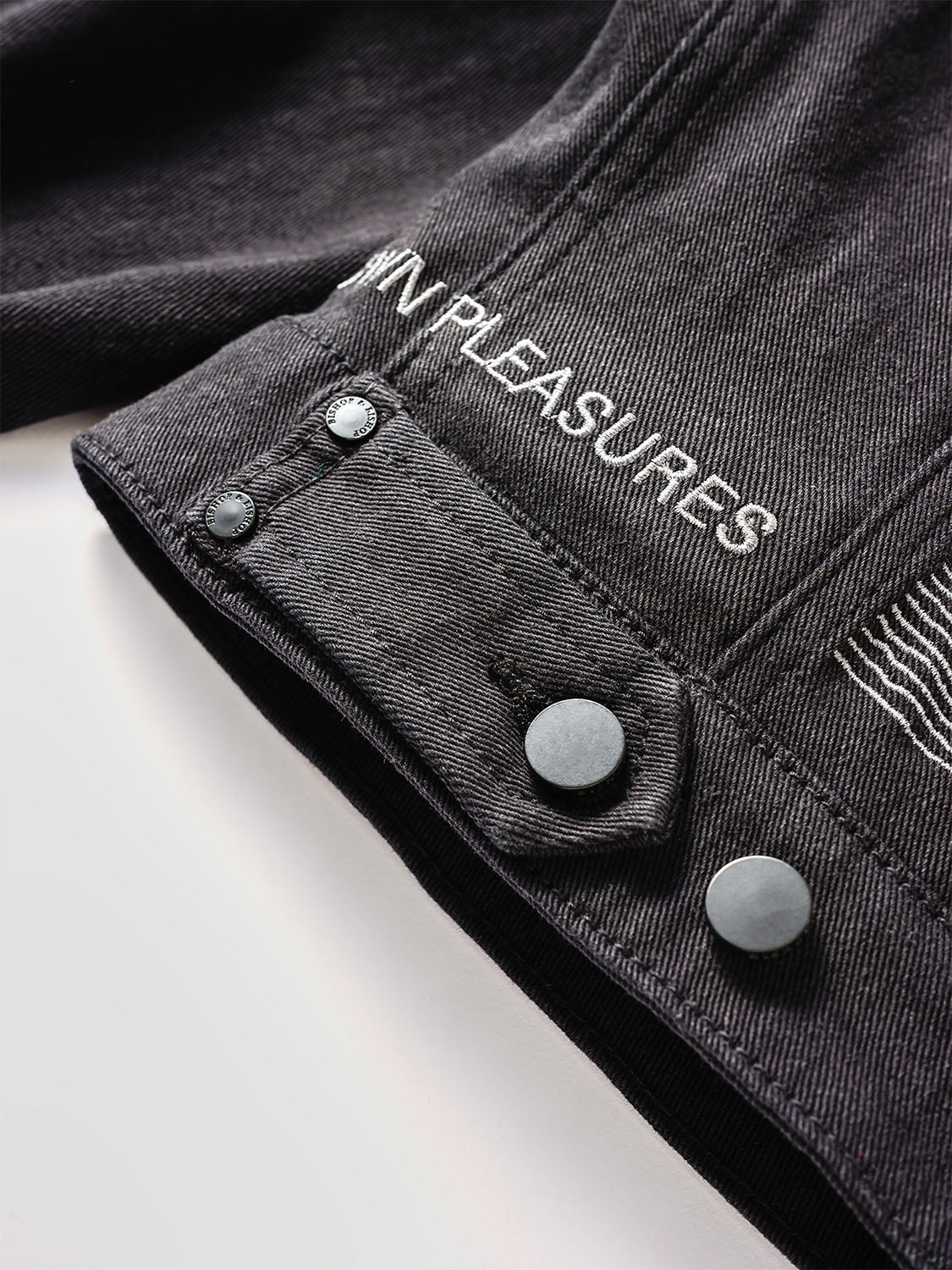 Macro shot of the cuff area showcasing the “UNKNOWN PLEASURES” embroidery near the hem and matte black buttons.