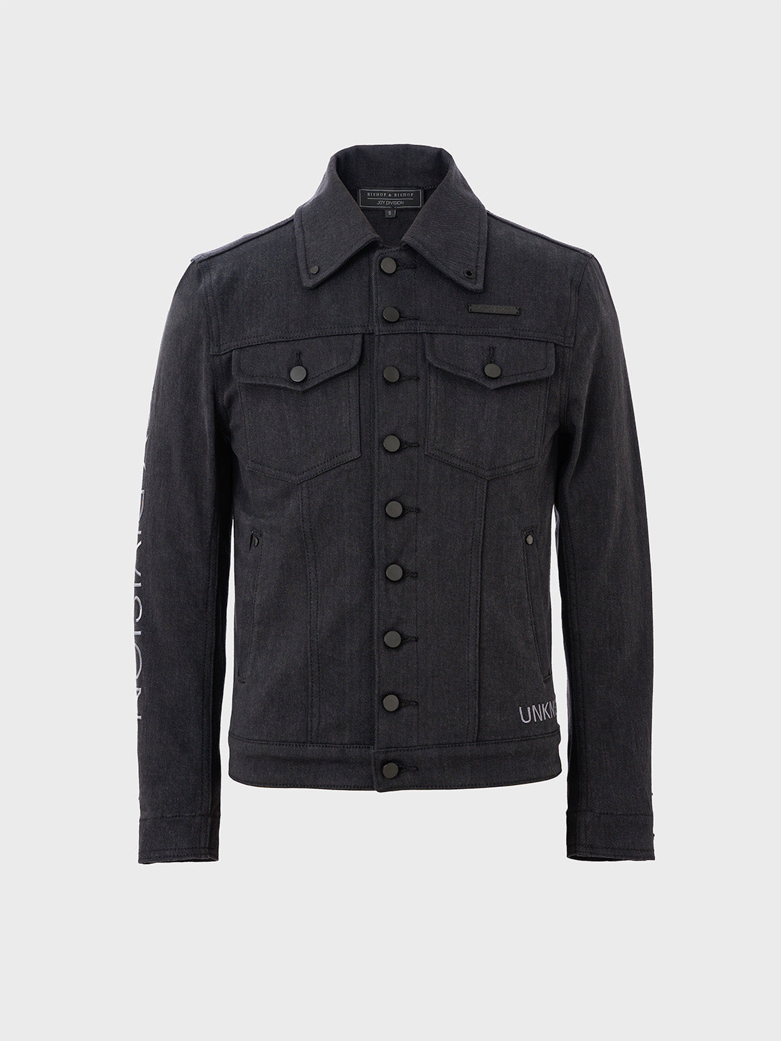 Front view of the vintage black denim trucker jacket with classic button-down closure.