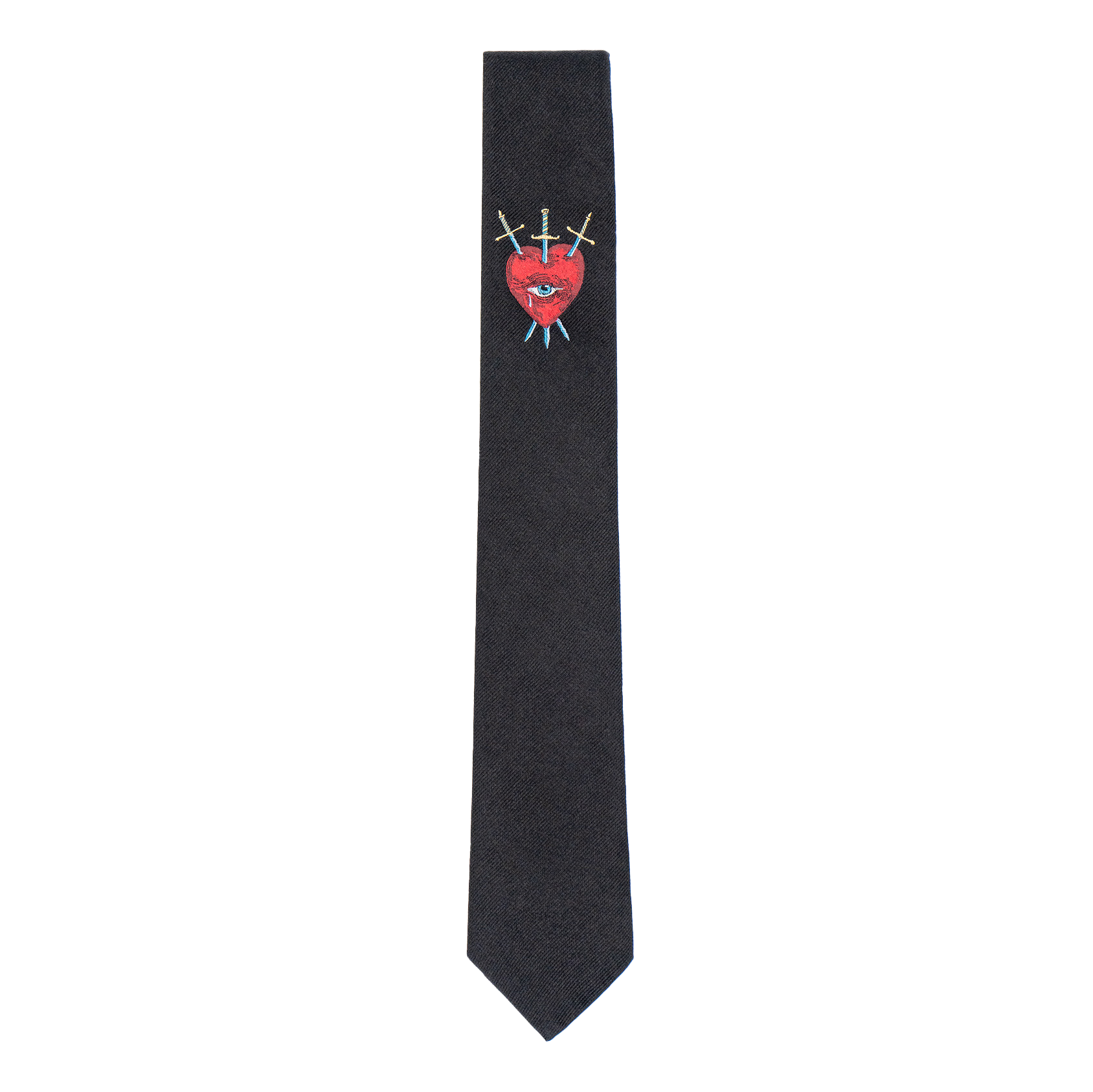 Front view of the black tie featuring the “Vires ex Luctus” design with a red heart pierced by three swords, representing resilience and strength in the face of adversity.