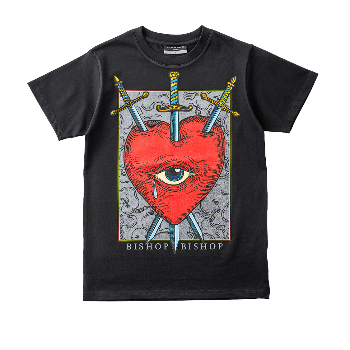 Front view of the black “Vires ex Luctus” T-shirt featuring a red heart pierced by three swords, with “bishop&bishop” text beneath the graphic.