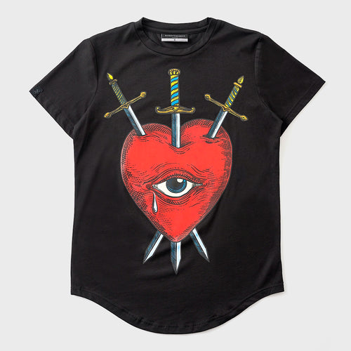 Black t-shirt with a red heart design featuring an eye and three swords on a light gray background