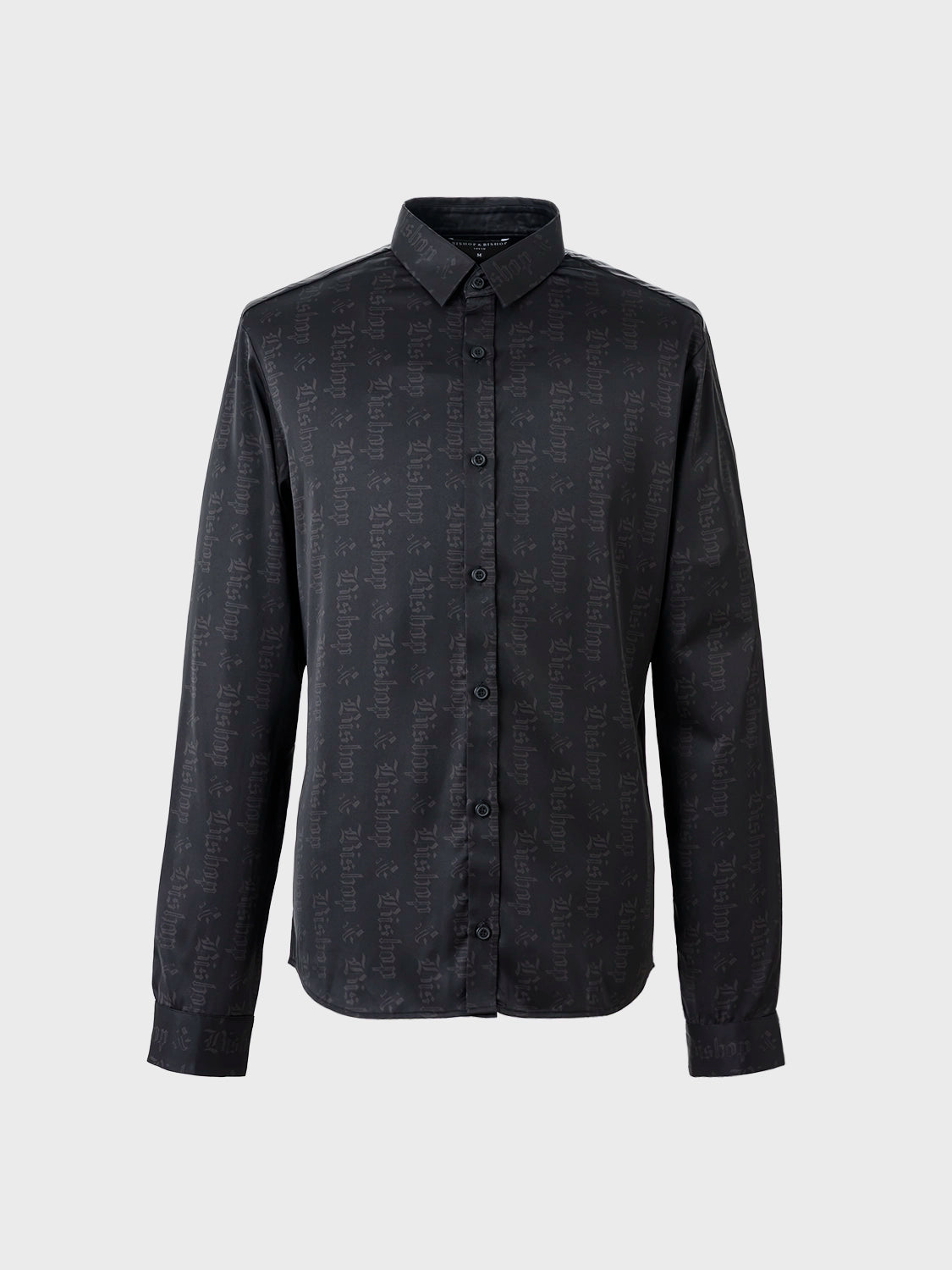 A long sleeve black silk dress shirt with a collar, buttoned front, and a solid pattern.
