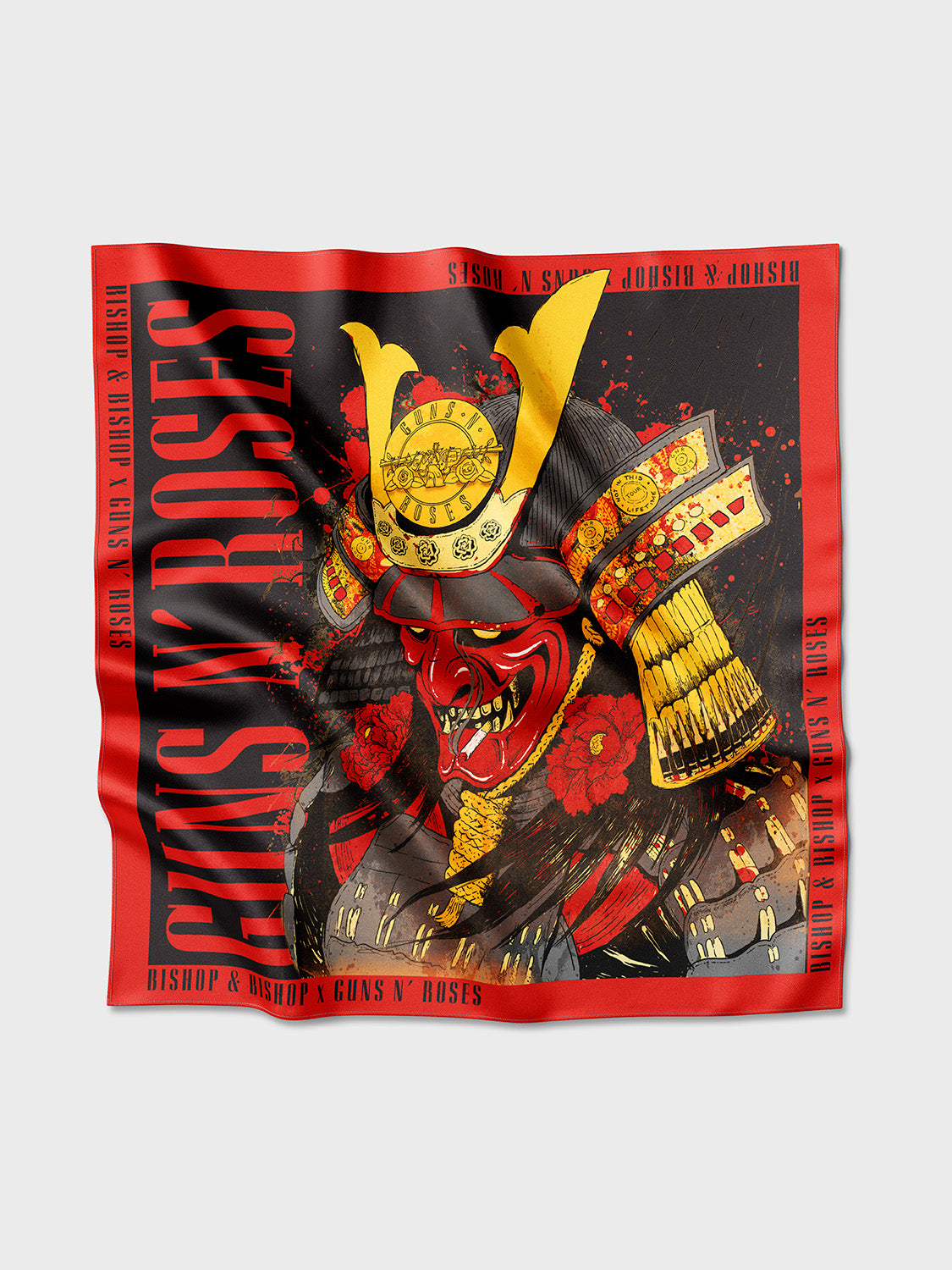 Red and yellow scarf with “Bishop & Bishop x Guns N’ Roses” text, featuring a graphic of a red demon samurai.