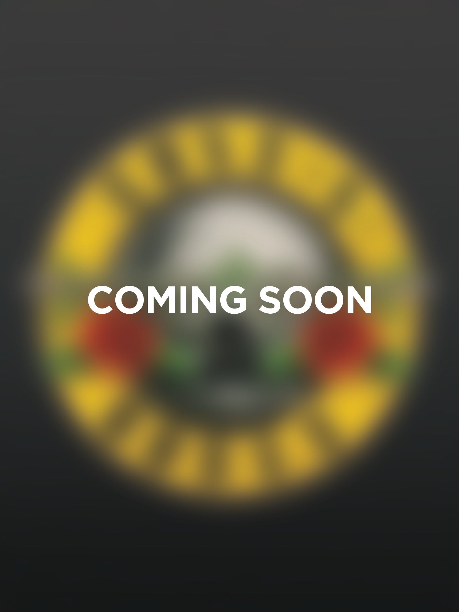 Blurred circular logo with 'Coming Soon' text on a dark background
