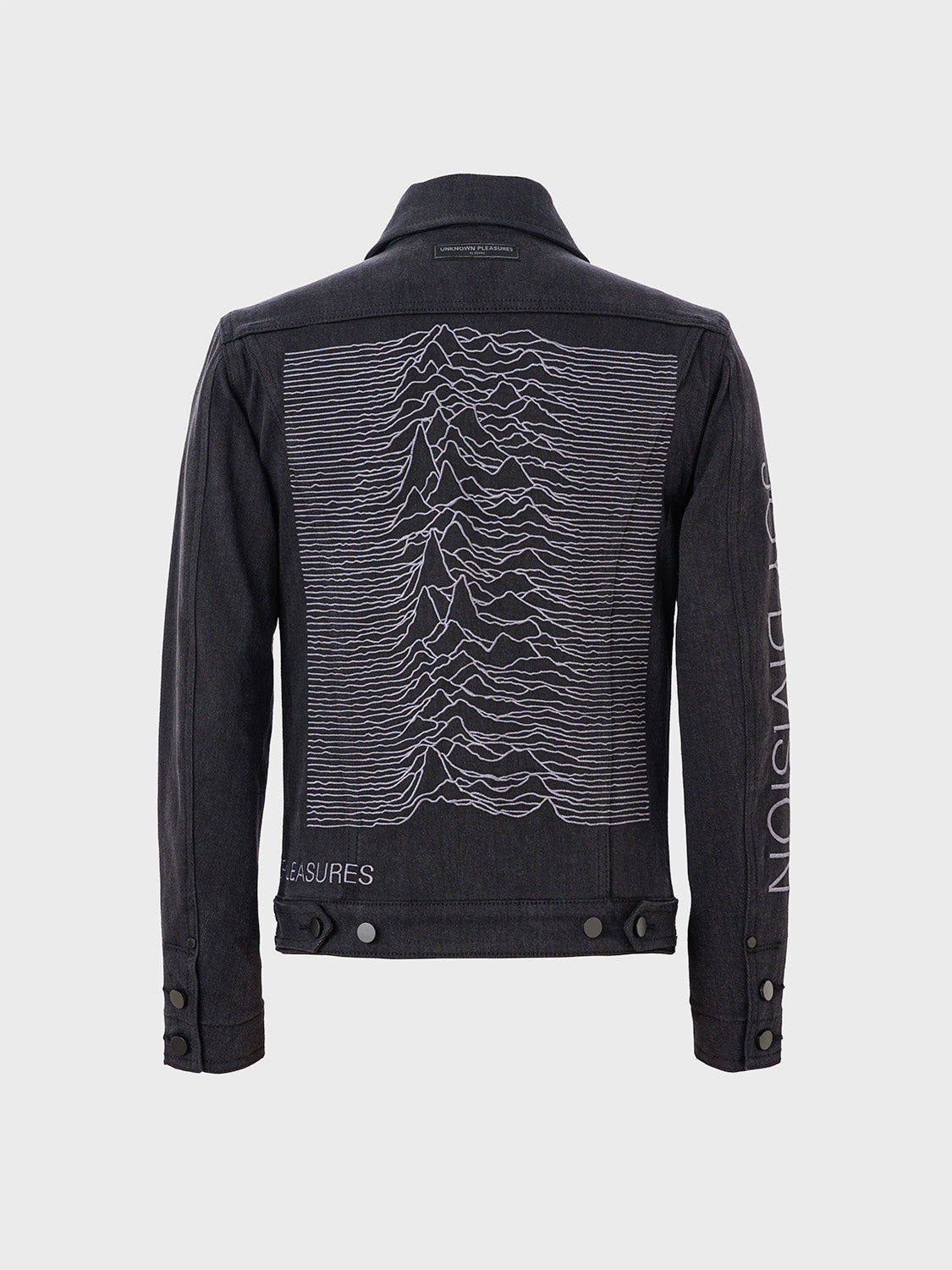 Rear view of the jacket showcasing the large tonal Unknown Pleasures embroidery.